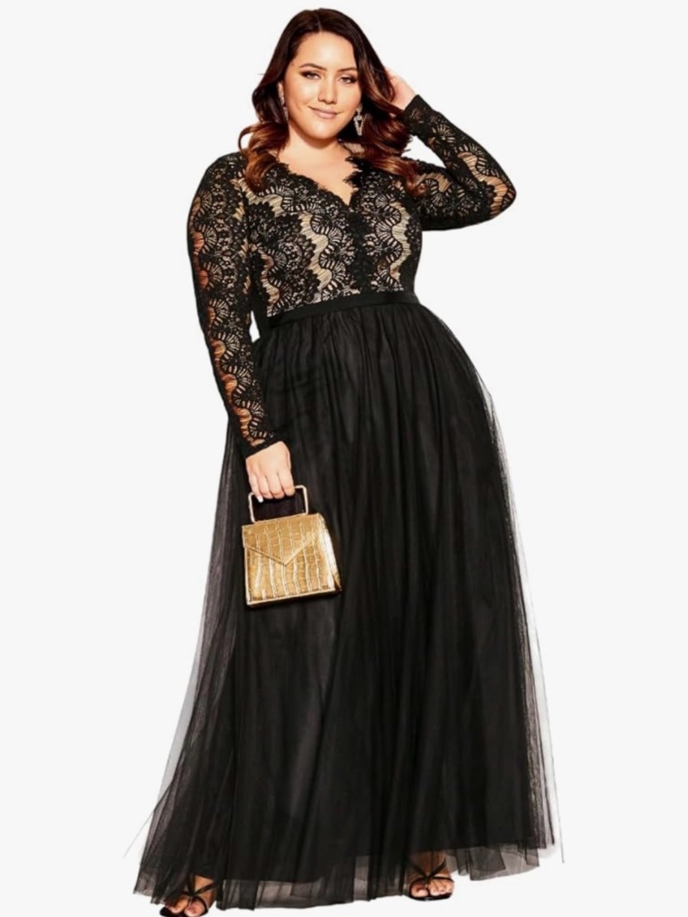 085- City Chic Black Lace & Tulle V‑Neck Maxi Dress PTP 22 with stretch